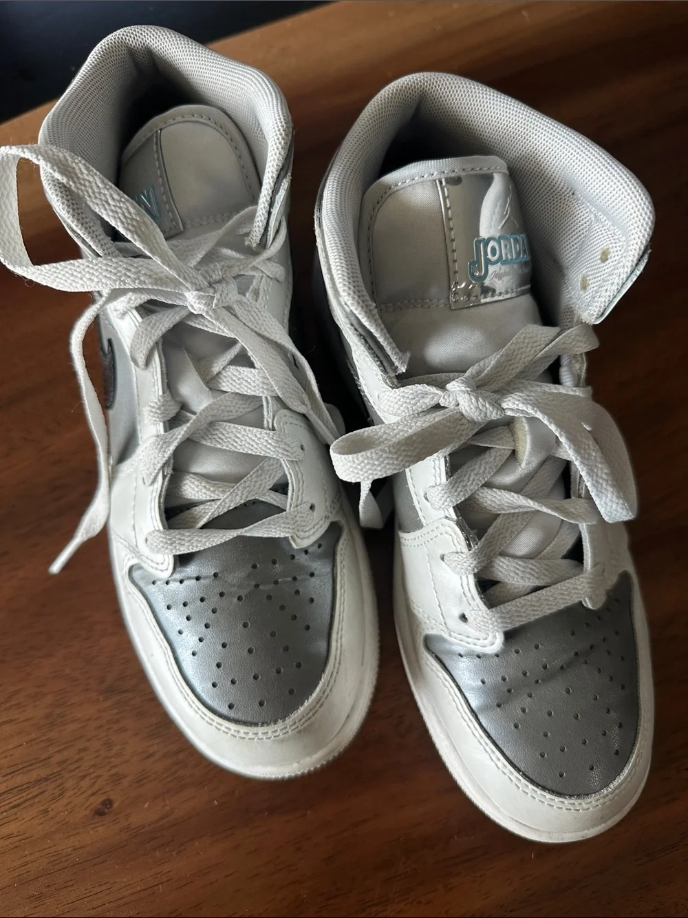 Boys Nike Air Jordan 1 Mid Silver, White & Black Sneakers